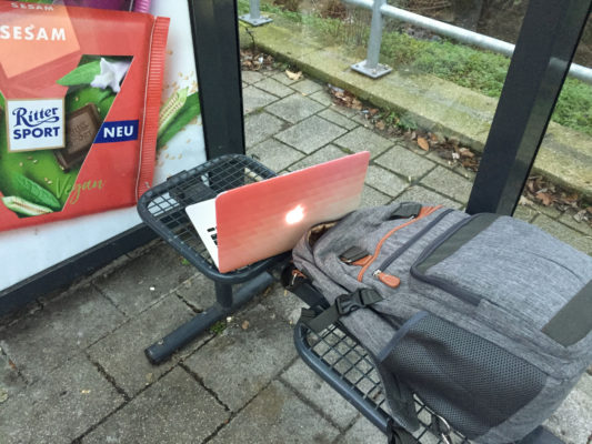 backpack at the bus stop 