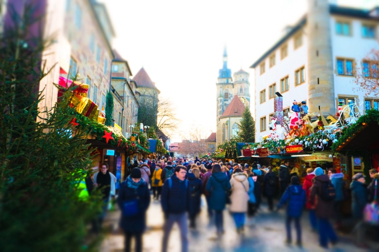 Christmas market with greenery