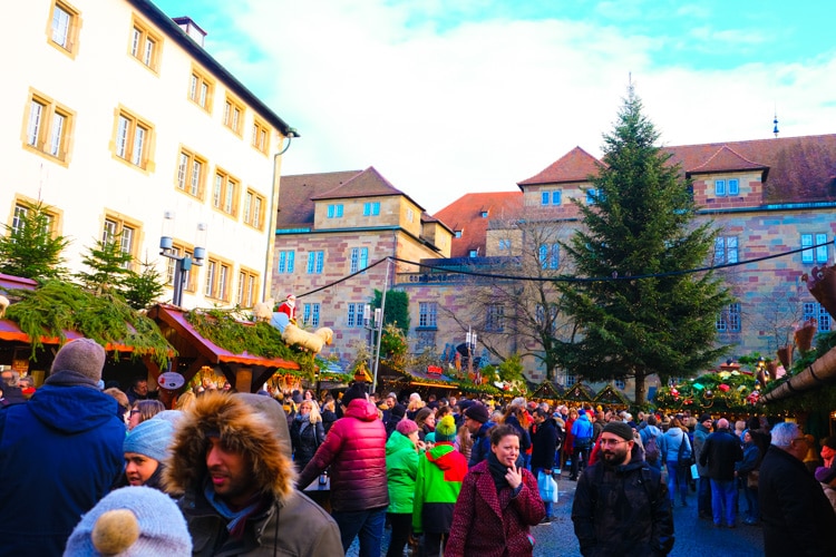 plaza covered in stalls and decorations