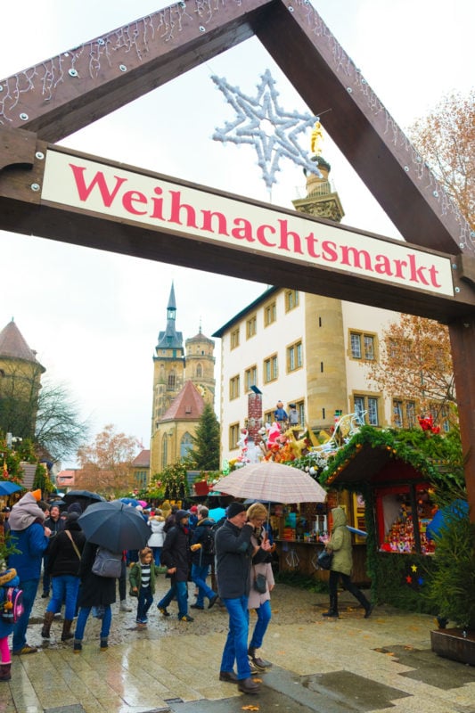 Christmas market on rainy day