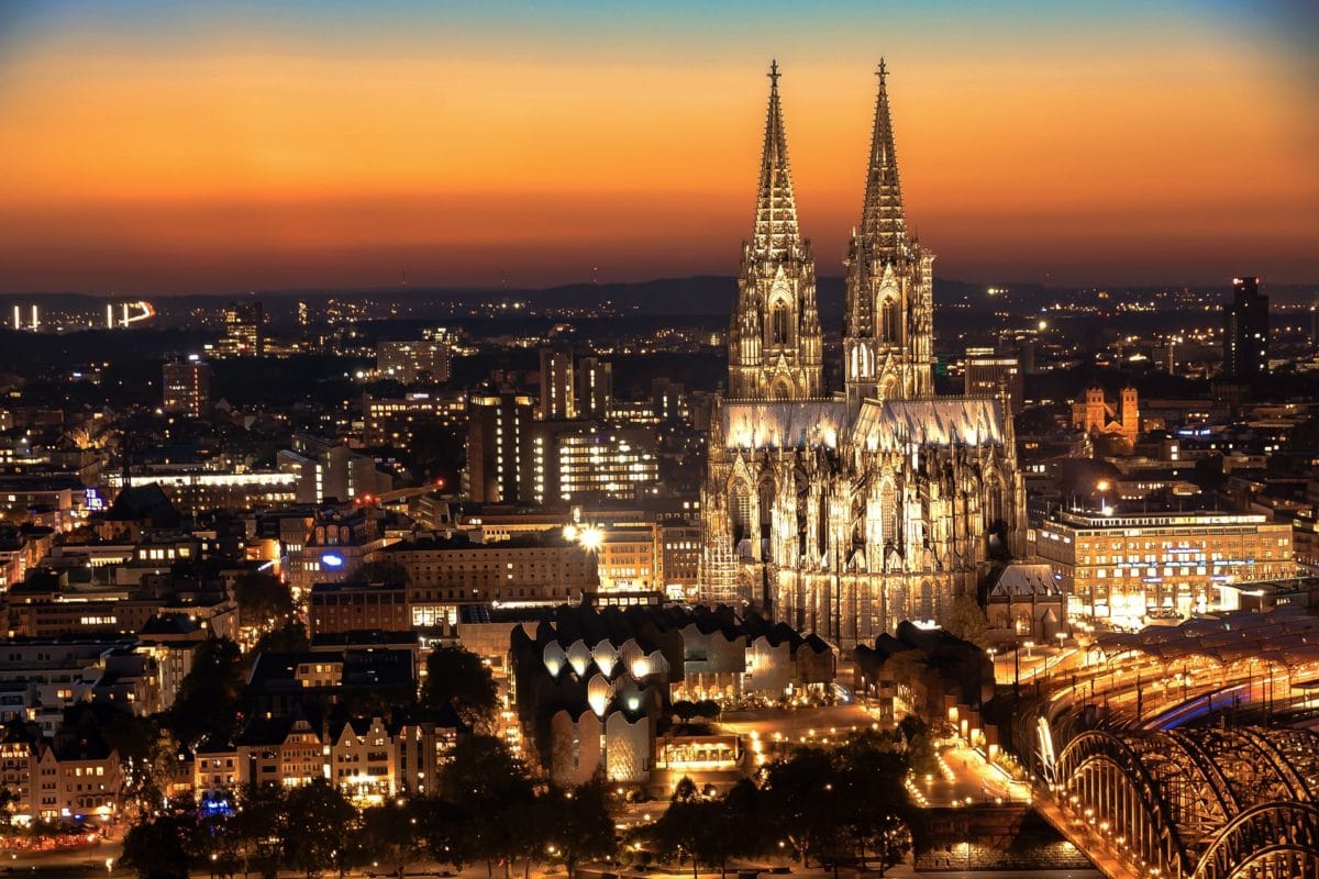 Cologne (Köln) skyline with cathedral at dusk