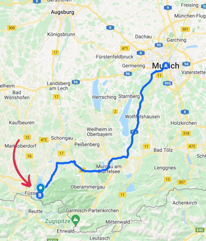 map Munich to Füssen