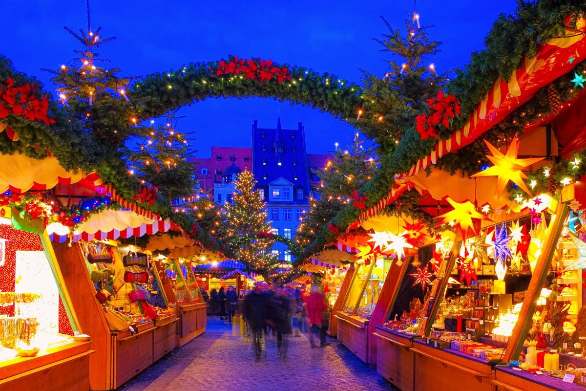 Christmas market booths at nighttime