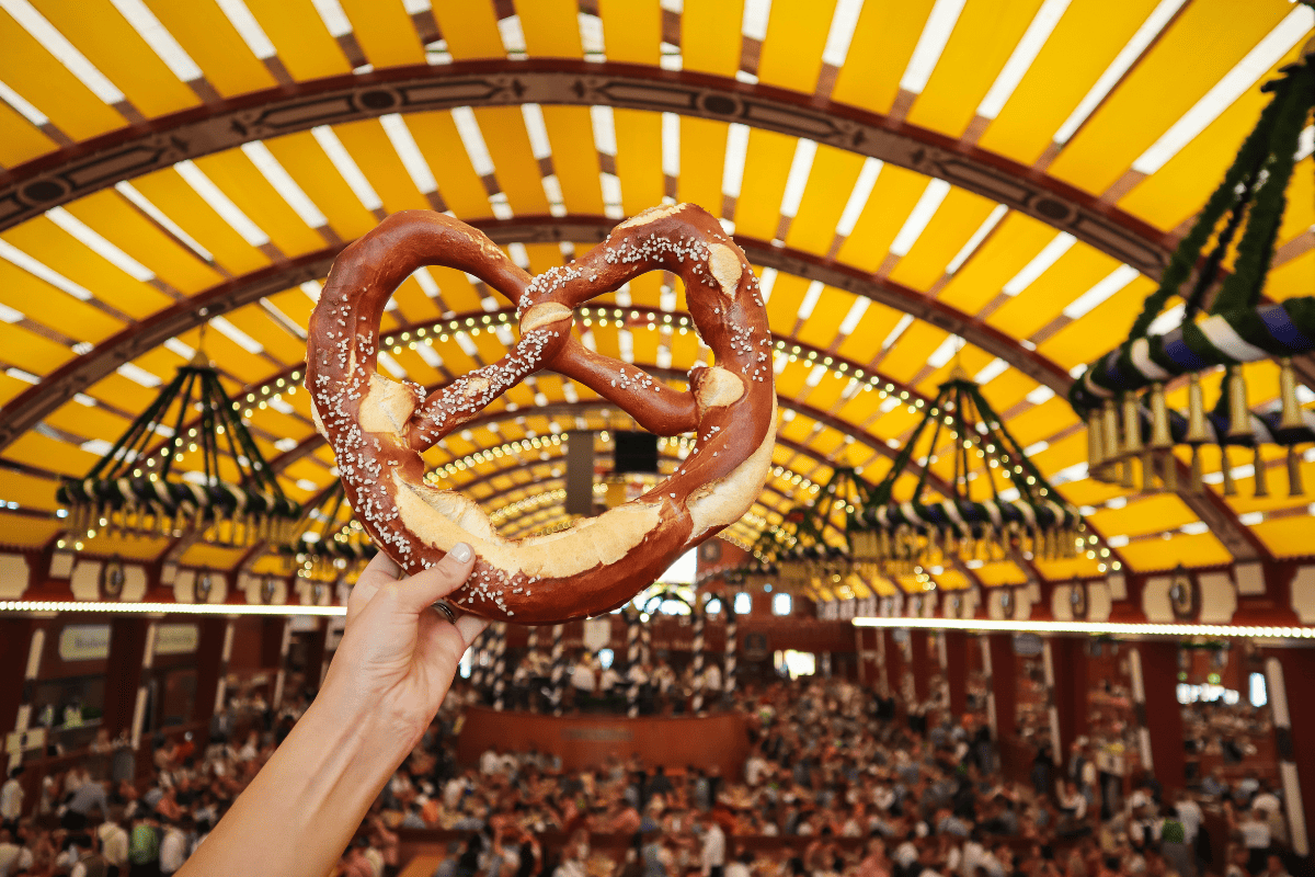 Large baked pretzel inside Oktoberfest tent