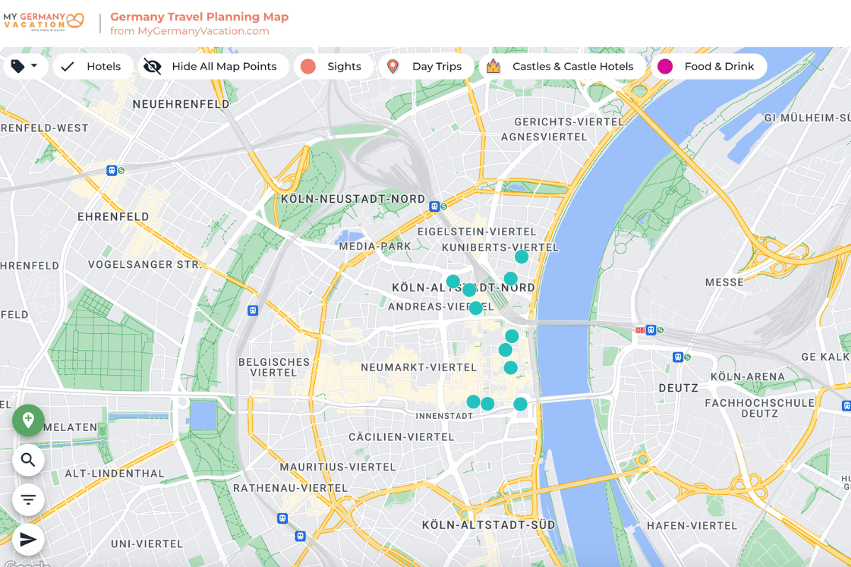Cologne map with hotel locations