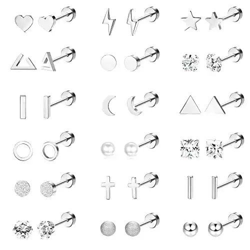 18 Pairs Surgical Stainless Steel Stud Earrings For Women Men 20G Cartilage Earrings Studs Cross Moon Star Small Stud Earrings Black Gold Screw Flat Back Earrings Ear Piercing Studs Set