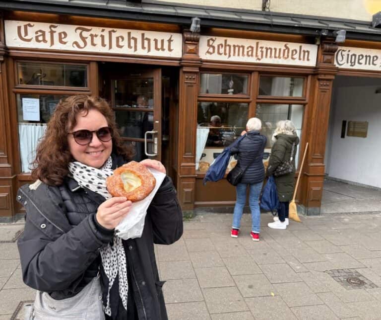 Cate enjoying Schmalznudeln in Munich
